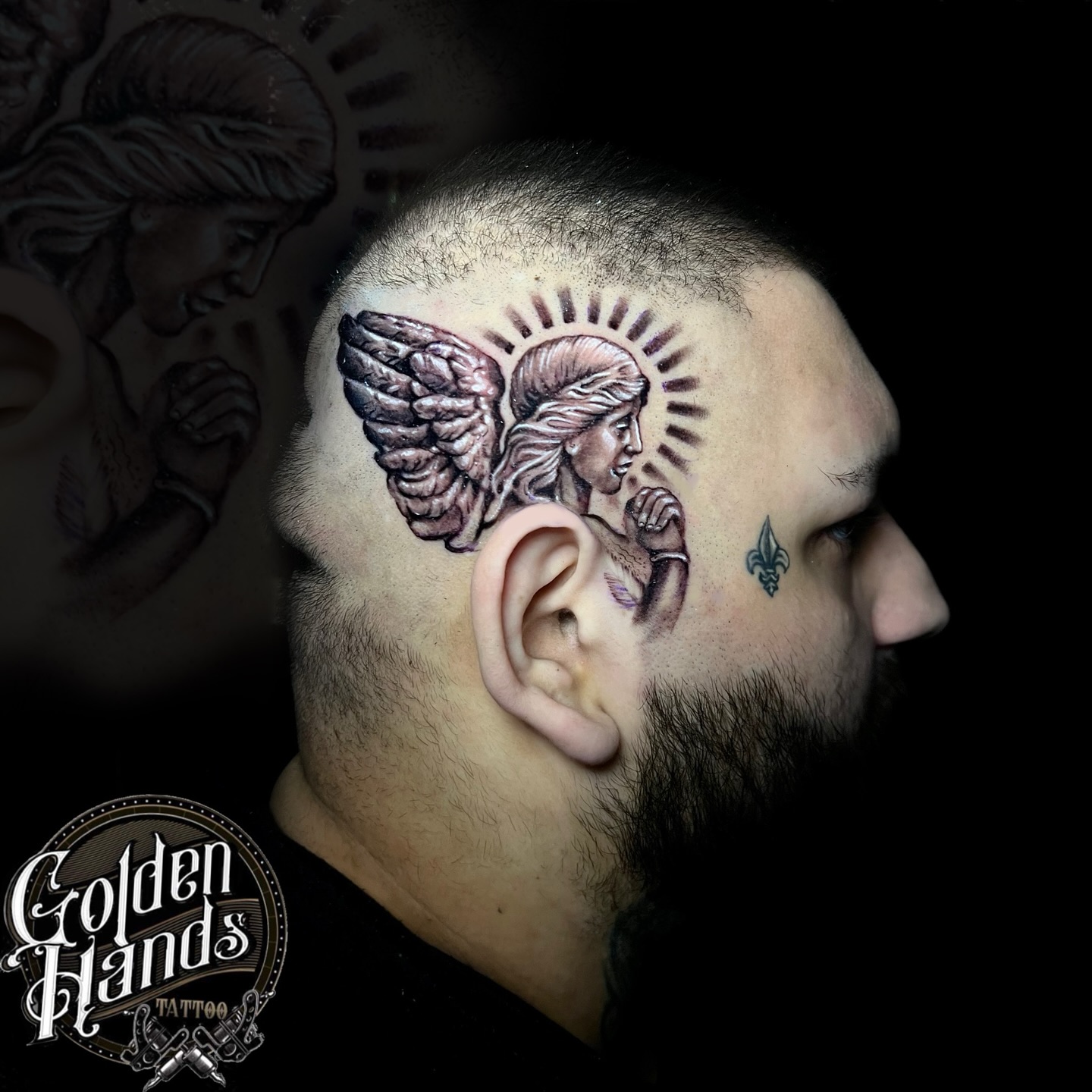 👼 Angel head tattoo by @tomskitattoo 
Clean lines, smooth shading and a perfect placement — another piece straight from Golden Hands Tattoo 💥

Thinking about your next tattoo? 🔥
Come by the studio or drop us a DM to book your session! 💪

#goldenhandstattoo #angeltattoo #liverpooltattoostudio #liverpooltattoos #liverpooltattoo