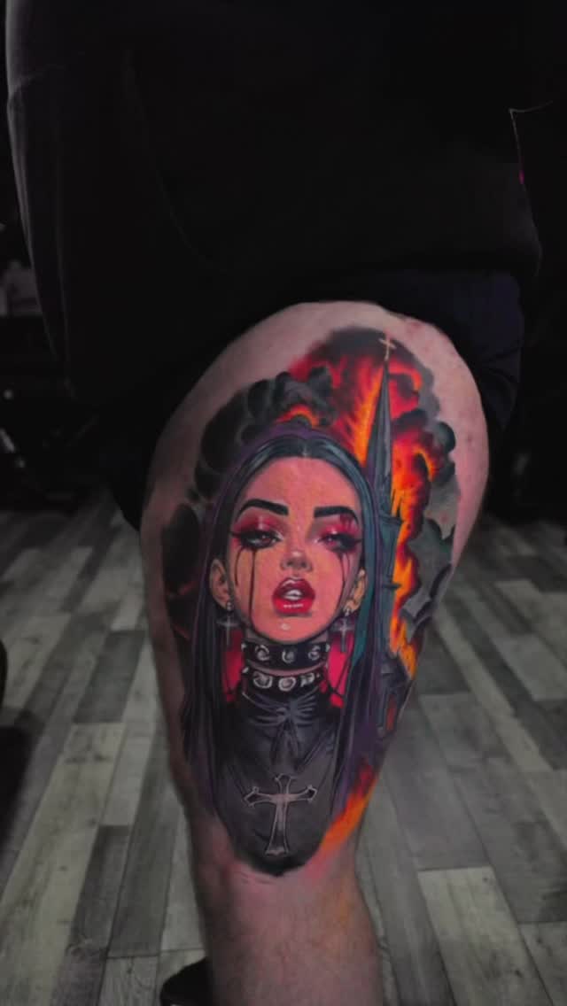 Dark, powerful and full of attitude.
Original design by @mariusz_detka_tattoo , completed over 3 sessions.

A gothic girl with dramatic makeup, surrounded by flames and a burning church, full of intense colours and strong contrast.

Big thanks to our client for the patience and toughness through the whole journey. 🔥

Photos and video by @rizvvan